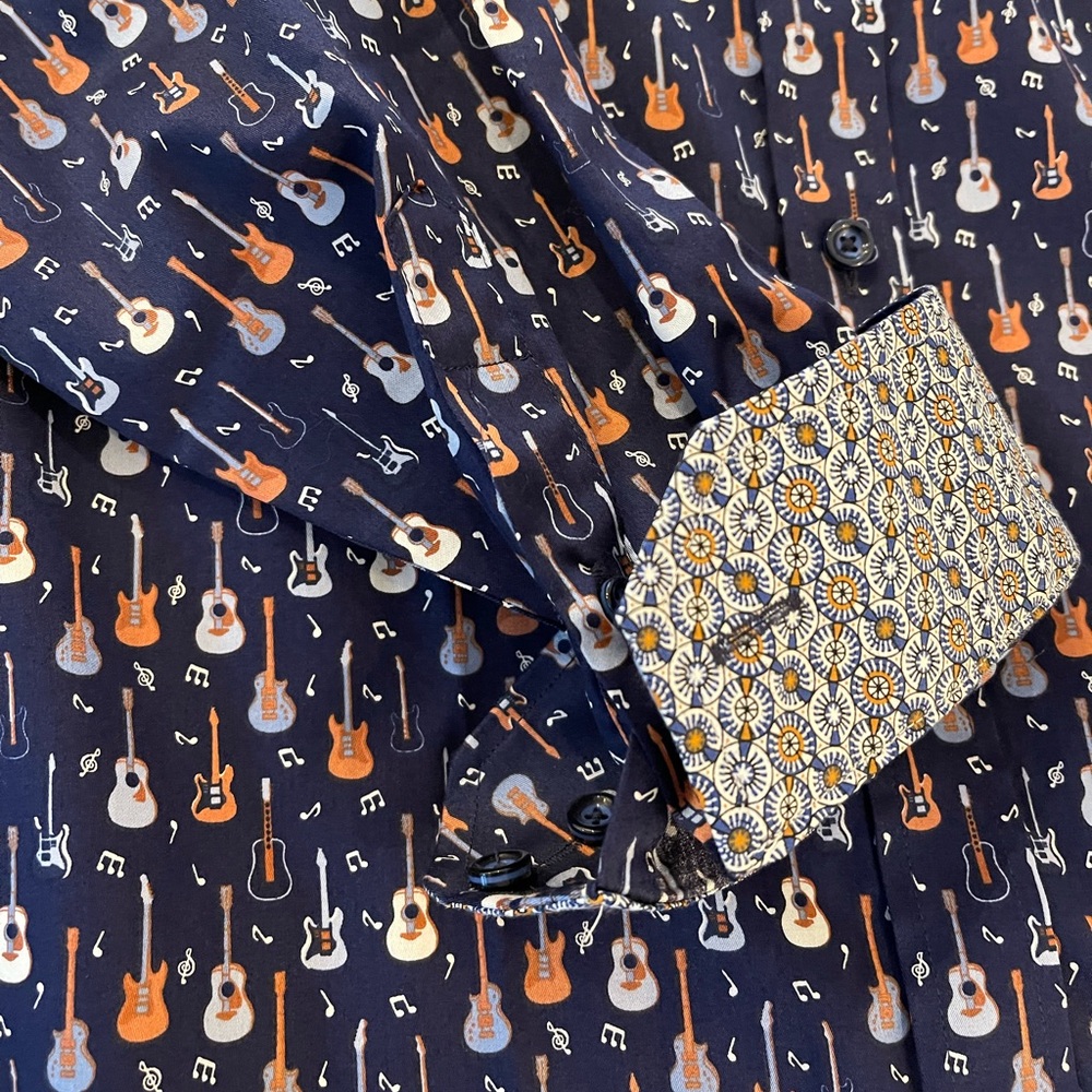 Johnston & Murphy Navy Guitar Print Casual Shirt - Picture 5 of 6